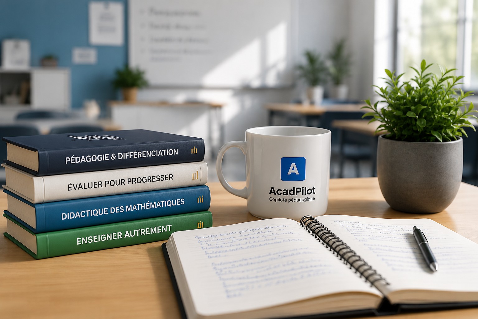 Bureau enseignant avec ordinateur, carnet et ressources AcadPilot